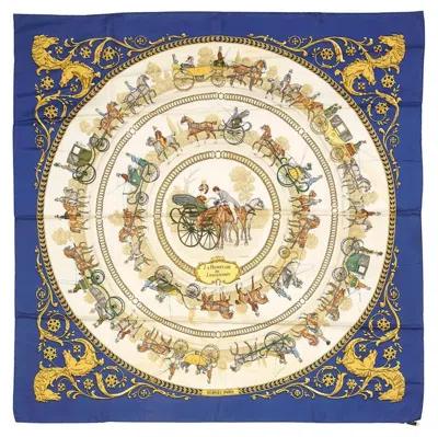 Pre-owned Hermes Hermès Paris, "la Promenade De Longchamps" Square In Printed Silk In Sand