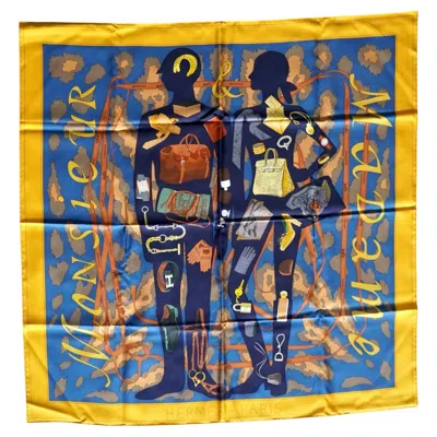 Pre-owned Hermes Paris Monsieur Et Madame Silk Scarf In Brown