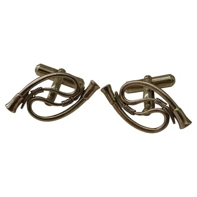 Pre-owned Hermes , Paris - Pair Vintage Equestrian Cufflinks / Whip In Sterling Silver In Black