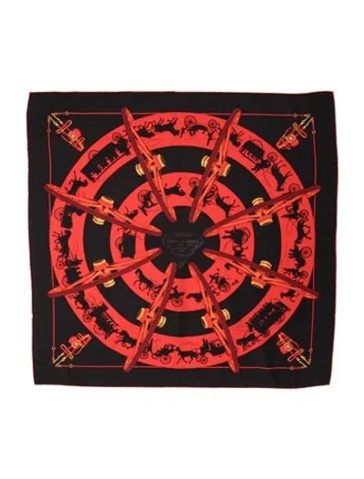 Pre-owned Hermes Paris Qui Roule Silk Scarf In Black/red