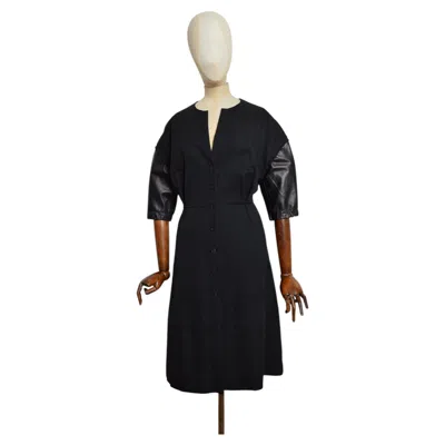 Pre-owned Hermes Hermès Paris Selvedge Worsted Black Wool And Lambskin Leather Button Down Dress