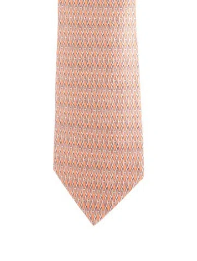 Pre-owned Hermes Patterend Silk Tie In Orange