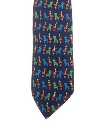 Pre-owned Hermes Pattern Print Silk Tie In Blue