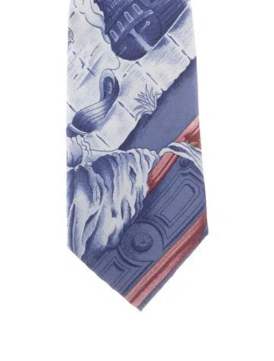 Pre-owned Hermes Pattern Print Silk Tie In Blue