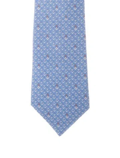 Pre-owned Hermes Pattern Print Silk Tie In Blue