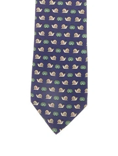Pre-owned Hermes Pattern Print Silk Tie In Blue