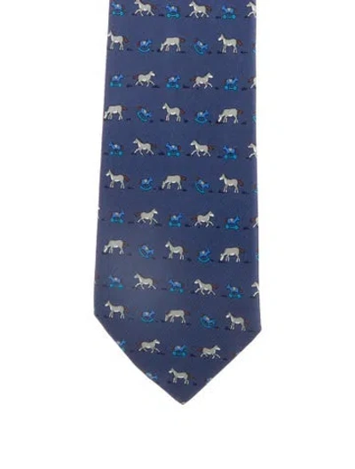 Pre-owned Hermes Pattern Print Silk Tie In Blue