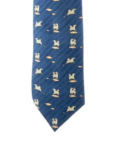 Pre-owned Hermes Pattern Print Silk Tie In Blue