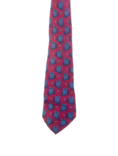 Pre-owned Hermes Pattern Print Silk Tie In Burgundy