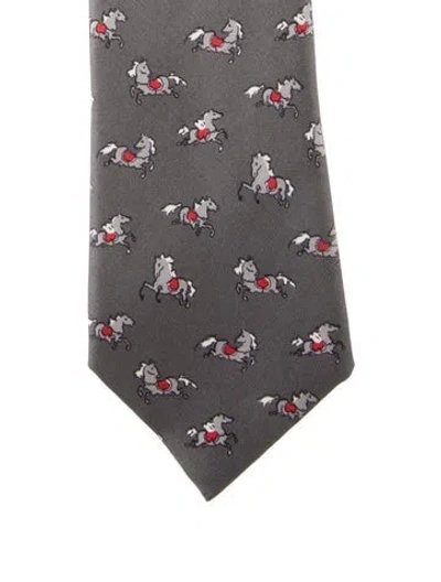 Pre-owned Hermes Pattern Print Silk Tie In Gray