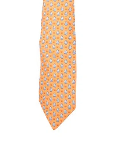 Pre-owned Hermes Pattern Print Silk Tie In Orange