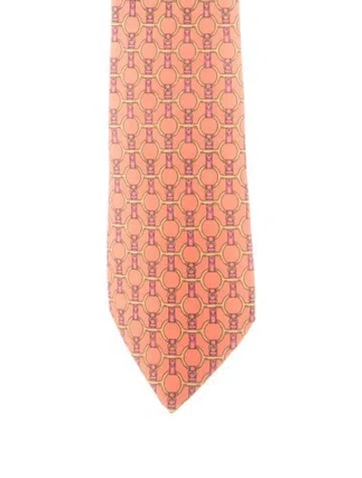 Pre-owned Hermes Pattern Print Silk Tie In Orange