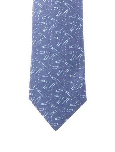 Pre-owned Hermes Pattern Print Silk Tie W/tags In Blue