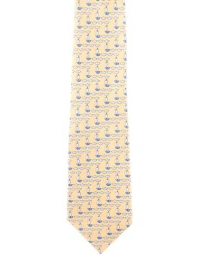 Pre-owned Hermes Pattern Print Silk Tie In Yellow