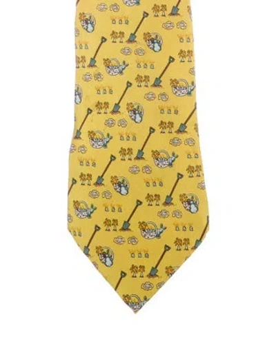 Pre-owned Hermes Pattern Print Silk Tie In Yellow