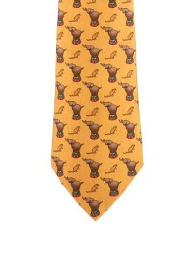 Pre-owned Hermes Pattern Print Silk Tie In Yellow