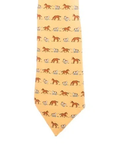 Pre-owned Hermes Pattern Print Silk Tie In Yellow