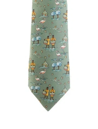 Pre-owned Hermes Pattern Print Tie In Green