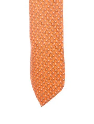Pre-owned Hermes Pattern Printed Silk Tie In Orange
