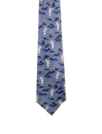 Pre-owned Hermes Pattern Silk Tie In Blue