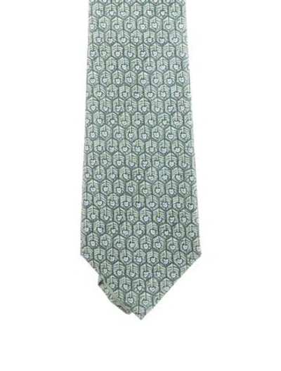 Pre-owned Hermes Patterned Print Silk Tie In Green