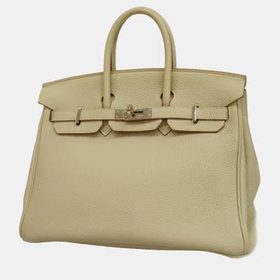 Pre-owned Hermes Pearl Gray Togo Birkin 25 Y Engraved Ladies Handbag In Beige