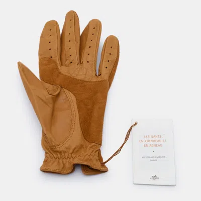 Pre-owned Hermes Hermès Perforated Size 6 1/2 Gloves Tan Chevreau/kid Leather And Suede