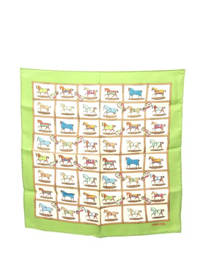 Pre-owned Hermes Petit Carres Horse-print Silk Scarf In Green