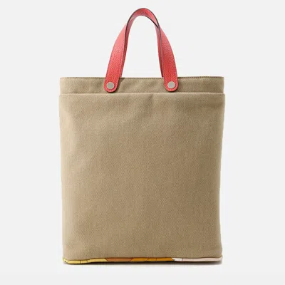 Pre-owned Hermes Petit H Tote Bag Natural/rose Azalee Toile H Taurillon Clemence In Brown