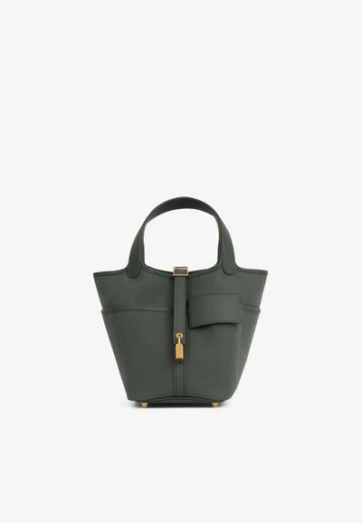Hermes Picotin 18 Cargo In Vert Mangrove Canvas And Swift With Gold Hardware In Green