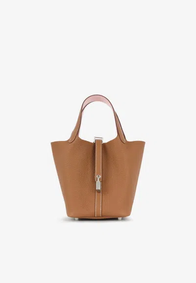 Hermes Picotin 18 Eclat In Gold Clemence And Rose Sakura With Palladium Hardware In Brown