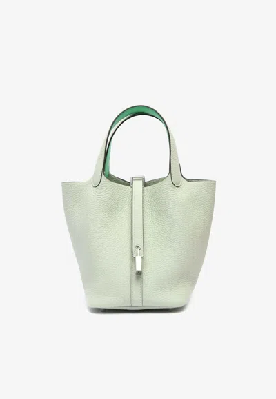 Hermes Picotin 18 Eclat In Gris Neve And Vert Comics Clemence Leather With Palladium Hardware In Green