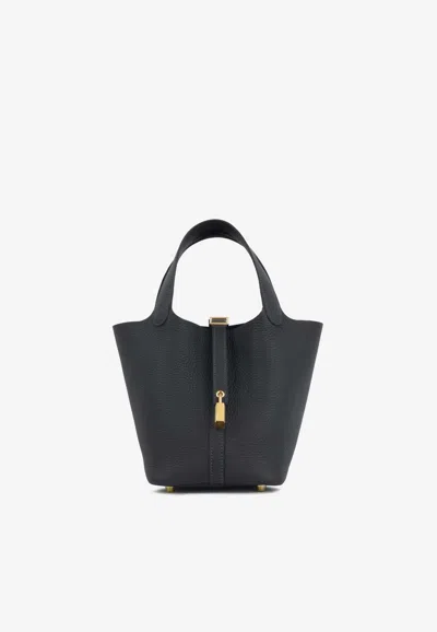 Hermes Picotin 18 In Gris Misty Clemence Leather With Permabrass Hardware In Black