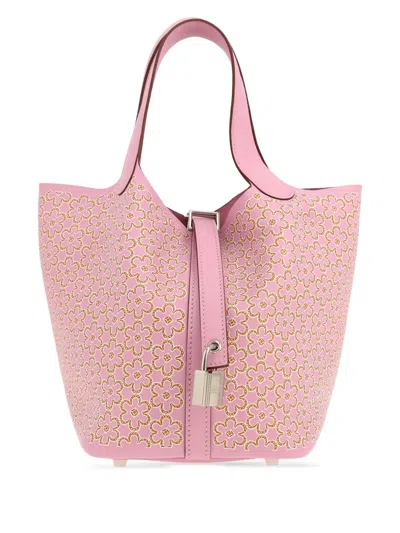 Pre-owned Hermes Picotin 18 Lucky Daisy Tote Bag In Pink