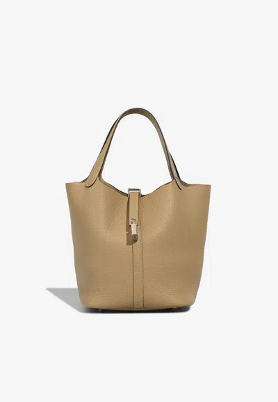Pre-owned Hermes Picotin 22 In Trench Clemence With Palladium Hardware In Brown