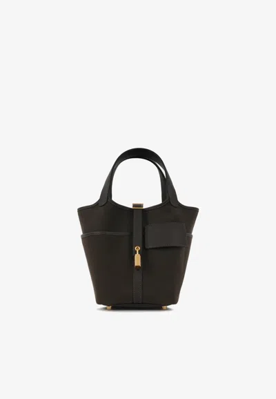 Pre-owned Hermes Picotin Cargo 18 In Dark Bronze Canvas And Ebene Swift With Gold Hardware In Brown