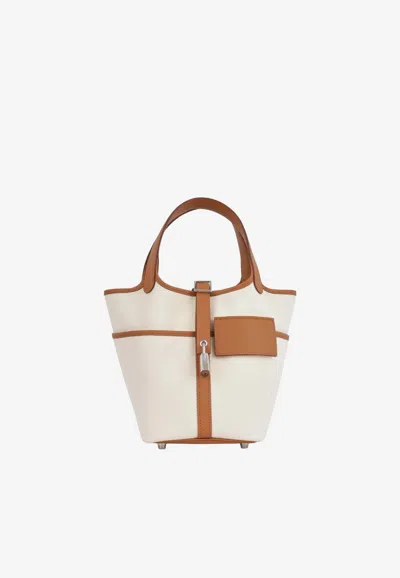Hermes Picotin Cargo 18 In Ecru Canvas And Gold Swift With Palladium Hardware In Brown