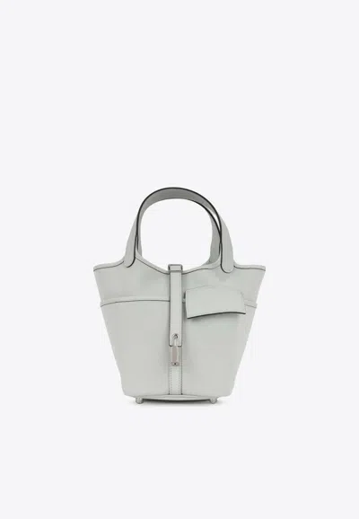 Hermes Picotin Cargo 18 In Gris Platine Toile Goeland And Swift With Palladium Hardware In Blue