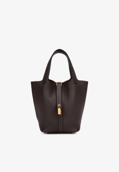 Hermes Picotin Lock 18 Bag In Rouge Sellier Clemence With Gold Hardware In Brown