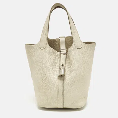 Pre-owned Hermes Picotin Lock 18 Beton Taurillon Clemence Leather Tote In Sand