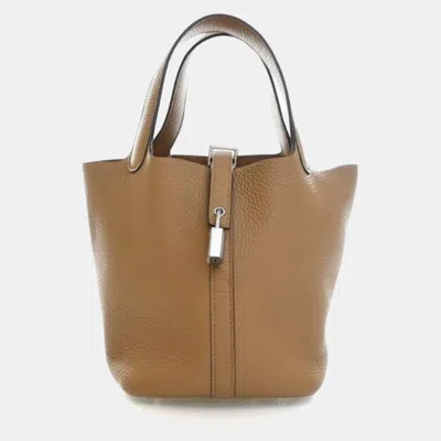 Pre-owned Hermes Picotin Lock 18 Biscuit Clemence Calfskin Leather Top Handle Bag In Brown