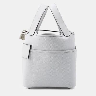 Pre-owned Hermes Picotin Lock 18 Cargo Gri Platinum Towar Goeran Swift Leather In White