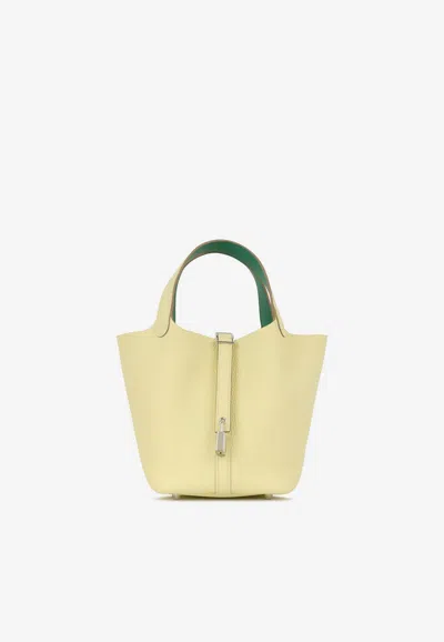 Hermes Picotin Lock 18 Eclat In Jaune Milton Clemence And Vert Vertigo Swift Leather With Palladium Hardwar