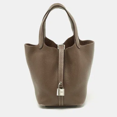 Pre-owned Hermes Picotin Lock 18 Etoupe Taurillon Clemence Leather Tote In Gray