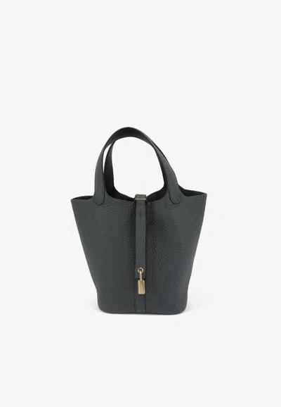 Pre-owned Hermes Picotin Lock 18 In Gris Misty Clemence Leather With Brushed Gold Hardware In Gray