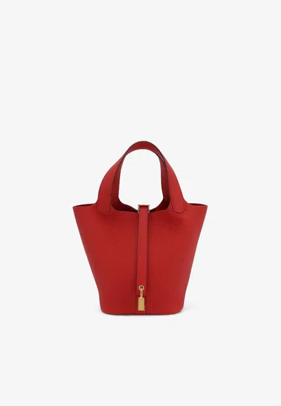 Hermes Picotin Lock 18 In Vermillon Clemence Leather With Gold Hardware In White