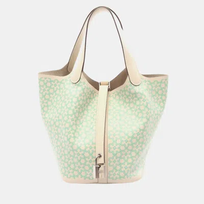 Pre-owned Hermes Hermès Picotin Lock 18 Nata Vert Swift Printed Leather Tote Bag In Beige