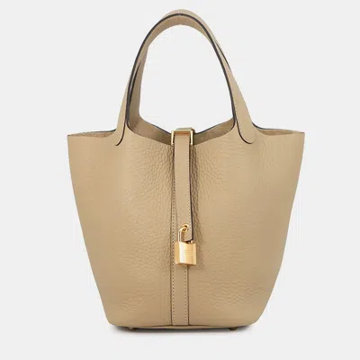 Pre-owned Hermes Picotin Lock 18 Pm Trench Taurillon Clemence Leather Top Handle Bag In Sand