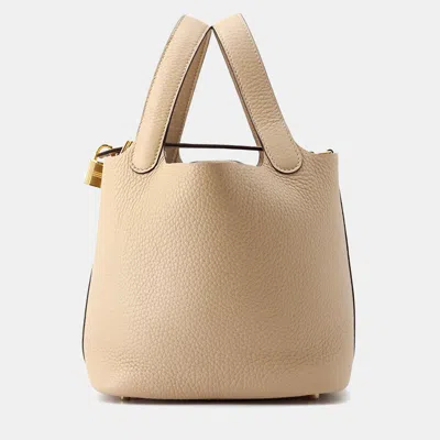 Pre-owned Hermes Picotin Lock 18 Trench Taurillon Clemence Tote In Sand