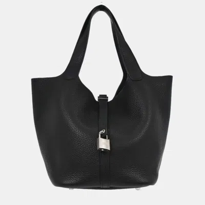 Pre-owned Hermes Picotin Lock 22 Black Taurillon Clemence Leather Tote Bag